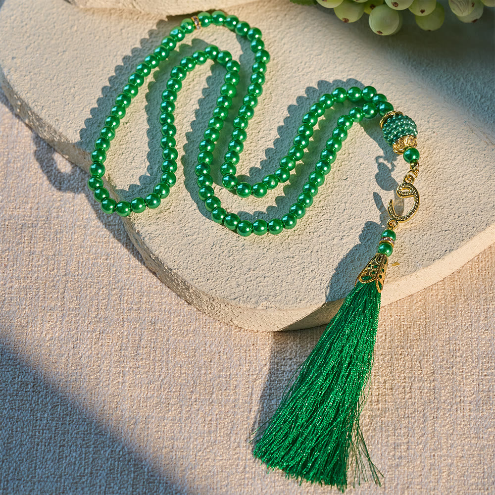 HilalHaven 6mm Round Faux Pearl Glass Tasbih with Tassel — Handcrafted Modern Minimalist Islamic Prayer Beads - Green - image 0
