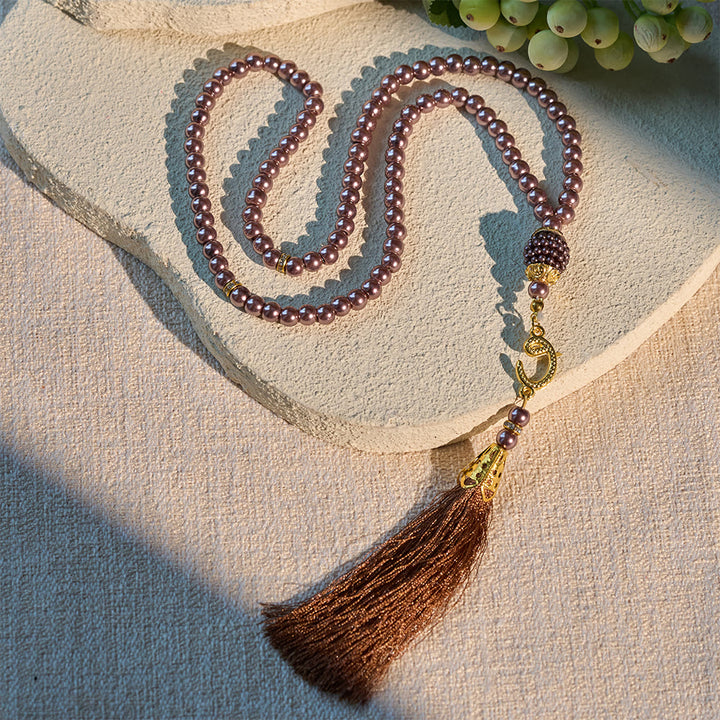 HilalHaven 6mm Round Faux Pearl Glass Tasbih with Tassel — Handcrafted Modern Minimalist Islamic Prayer Beads - Brown - image 32