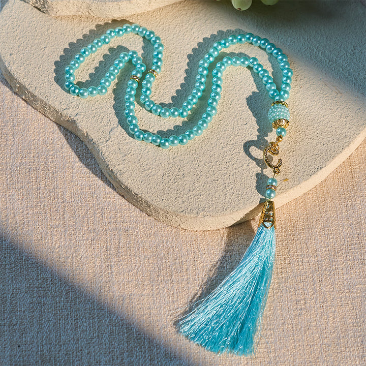 HilalHaven 6mm Round Faux Pearl Glass Tasbih with Tassel — Handcrafted Modern Minimalist Islamic Prayer Beads - Sky Blue - image 35