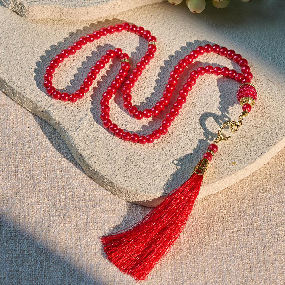 HilalHaven 6mm Round Faux Pearl Glass Tasbih with Tassel — Handcrafted Modern Minimalist Islamic Prayer Beads - Red - image 23