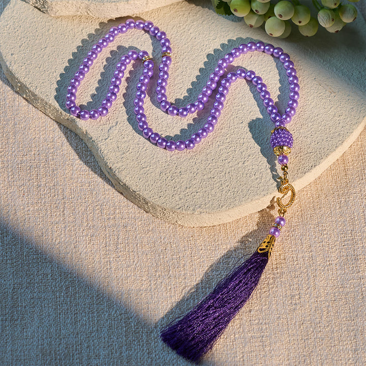 HilalHaven 6mm Round Faux Pearl Glass Tasbih with Tassel — Handcrafted Modern Minimalist Islamic Prayer Beads - Purple - image 25