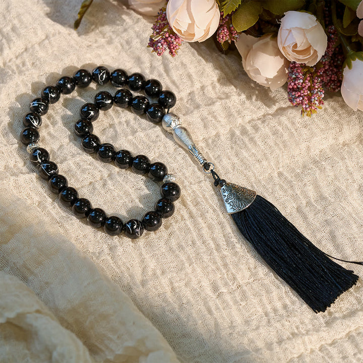 HilalHaven 10mm Round Glass 33 Beads Tasbih — Handcrafted Casted Cultural Prayer Beads with Tassel - Black - image 3