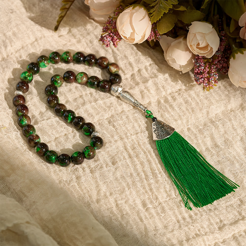 HilalHaven 10mm Round Glass 33 Beads Tasbih — Handcrafted Casted Cultural Prayer Beads with Tassel - Green - image 9