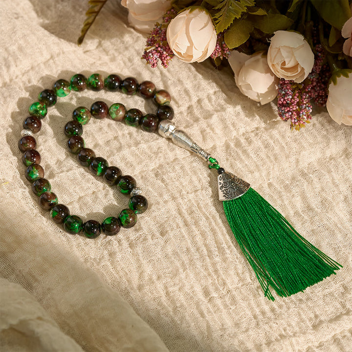 HilalHaven 10mm Round Glass 33 Beads Tasbih — Handcrafted Casted Cultural Prayer Beads with Tassel - Green - image 9