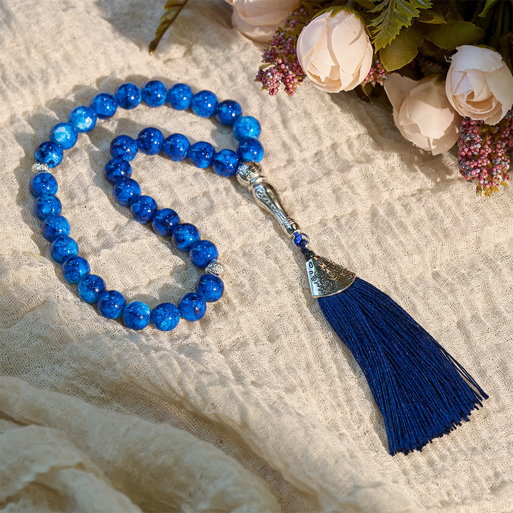 HilalHaven 10mm Round Glass 33 Beads Tasbih — Handcrafted Casted Cultural Prayer Beads with Tassel - Blue - image 12