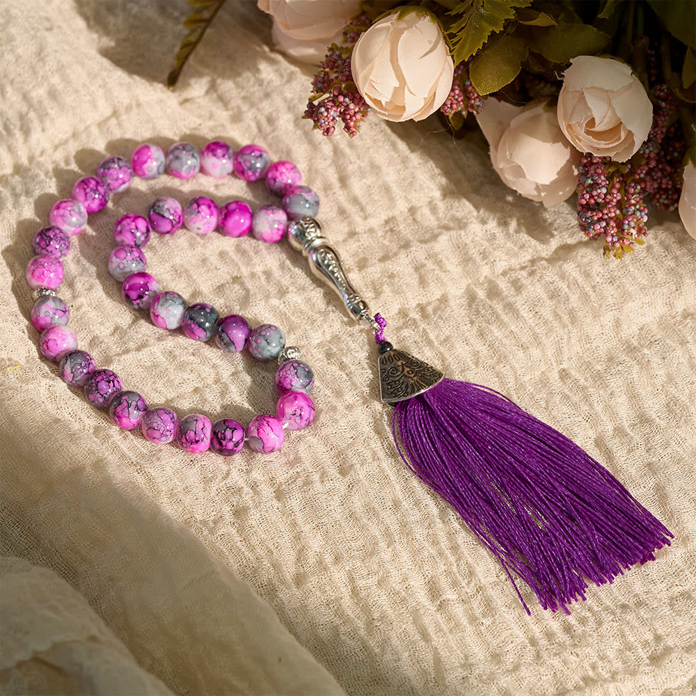 HilalHaven 10mm Round Glass 33 Beads Tasbih — Handcrafted Casted Cultural Prayer Beads with Tassel - Purple - image 6
