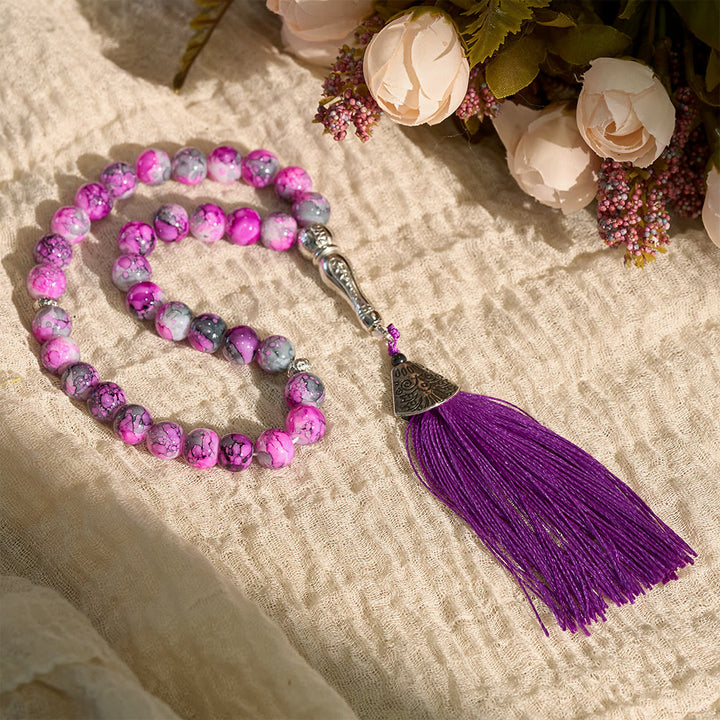 HilalHaven 10mm Round Glass 33 Beads Tasbih — Handcrafted Casted Cultural Prayer Beads with Tassel - Purple - image 6