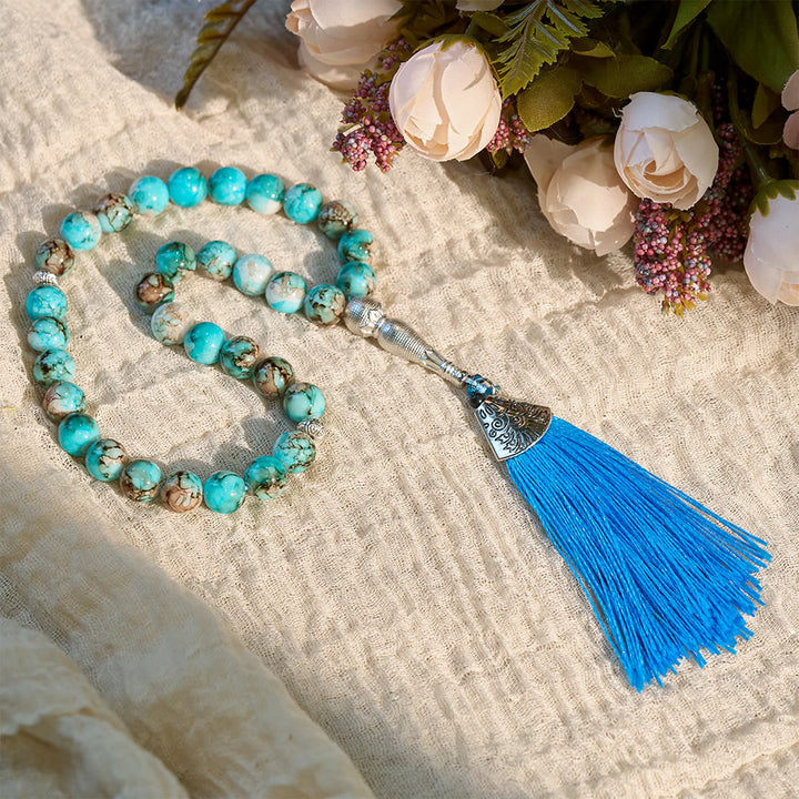 HilalHaven 10mm Round Glass 33 Beads Tasbih — Handcrafted Casted Cultural Prayer Beads with Tassel - Light Green - image 15