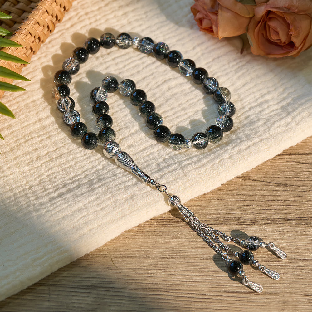 HilalHaven 10mm Round Crackle Glass 33 Beads Tasbih — Handcrafted Casted Modern Minimalist Cultural Prayer Beads - Black - image 6