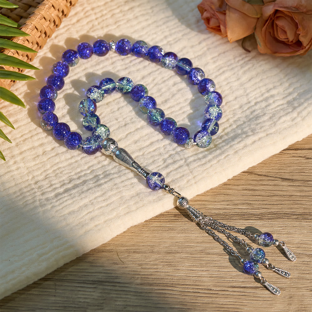 HilalHaven 10mm Round Crackle Glass 33 Beads Tasbih — Handcrafted Casted Modern Minimalist Cultural Prayer Beads - Blue - image 0