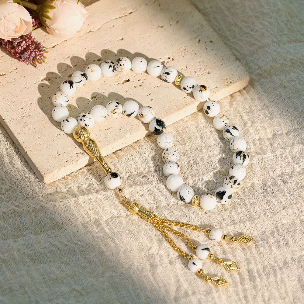 HilalHaven 10mm Round Speckled Glass 33 Beads Tasbih — Handcrafted Vintage Cultural Prayer Beads - Black&White - image 0