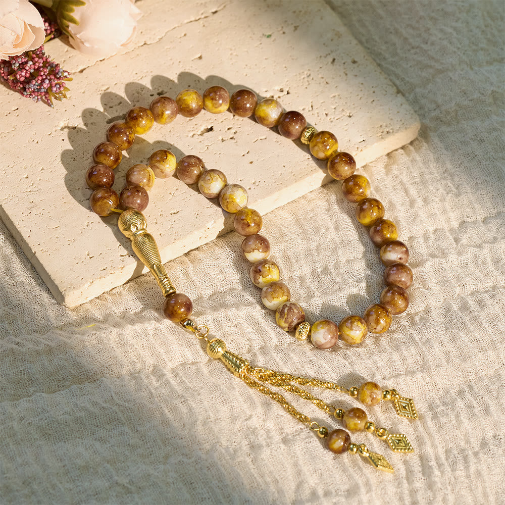 HilalHaven 10mm Round Speckled Glass 33 Beads Tasbih — Handcrafted Vintage Cultural Prayer Beads - Yellow - image 6