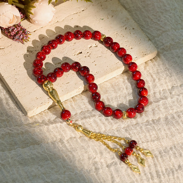 HilalHaven 10mm Round Speckled Glass 33 Beads Tasbih — Handcrafted Vintage Cultural Prayer Beads - Red - image 9
