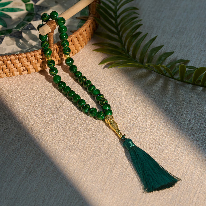 HilalHaven 10mm Explosion-Flower Glass 33 Beads Tasbih - Handcrafted Islamic Prayer Beads with Tassel - Green - image 6