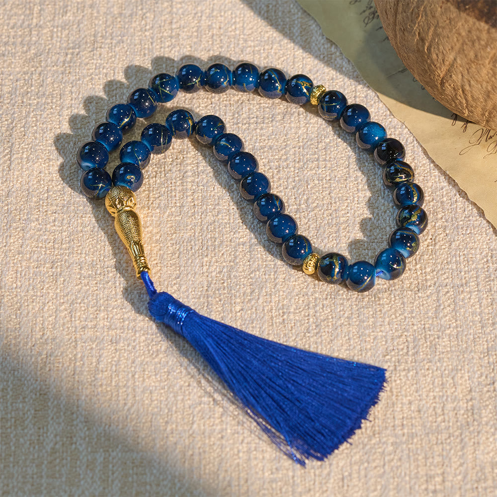HilalHaven 10mm Explosion-Flower Glass 33 Beads Tasbih - Handcrafted Islamic Prayer Beads with Tassel - Blue - image 9