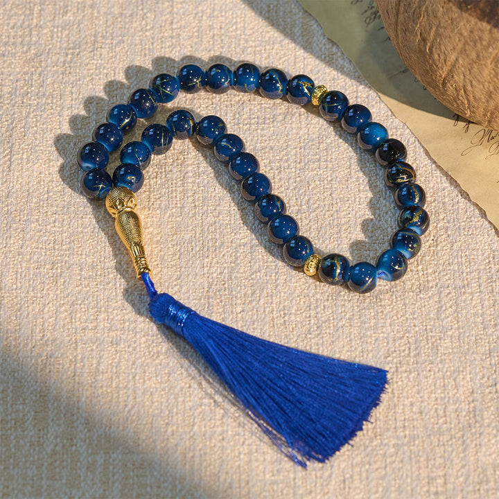 HilalHaven 10mm Explosion-Flower Glass 33 Beads Tasbih - Handcrafted Islamic Prayer Beads with Tassel - Blue - image 9