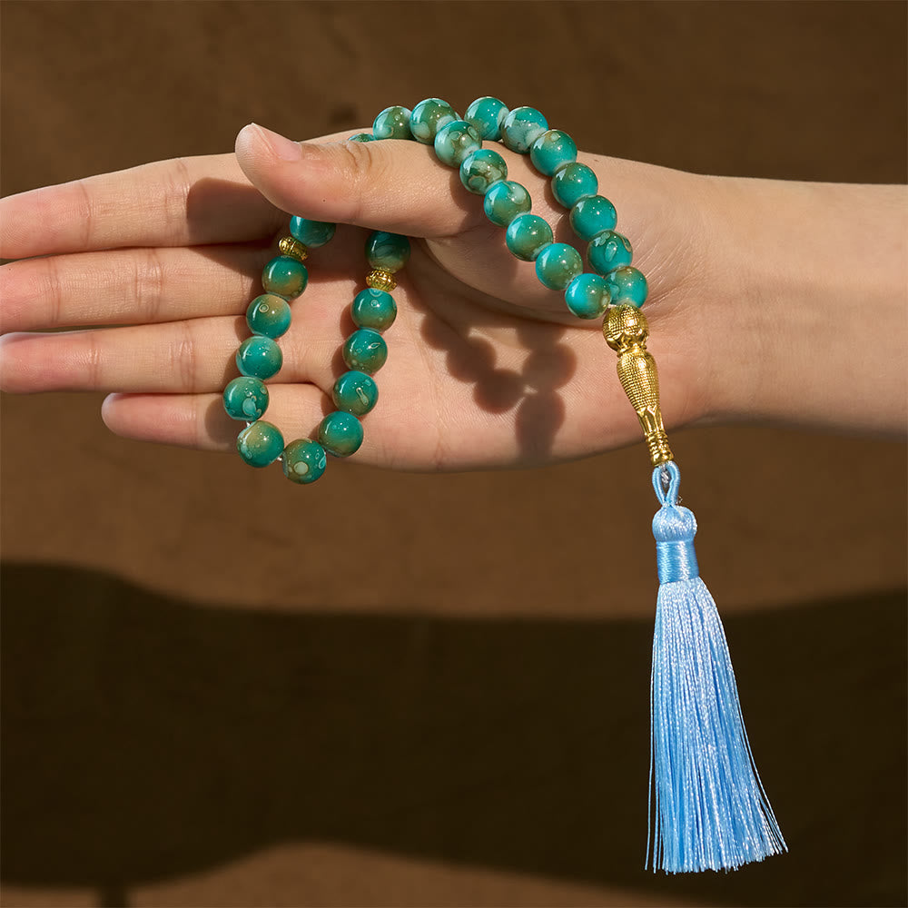 HilaHilalHaven 10mm Round Crackled Glass 33 Beads Tasbih – Handmade Tassel Islamic Prayer Beads - image 9