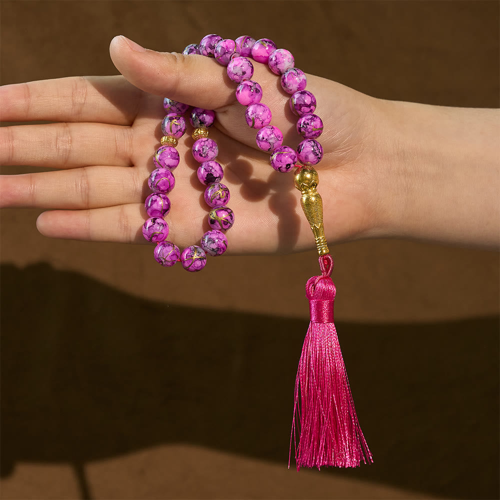 HilaHilalHaven 10mm Round Crackled Glass 33 Beads Tasbih – Handmade Tassel Islamic Prayer Beads - image 2