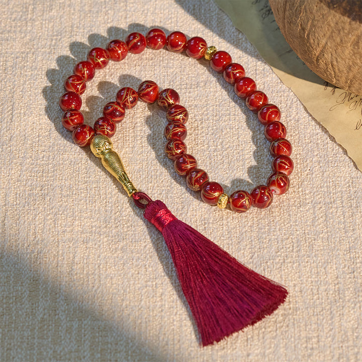 HilaHilalHaven 10mm Round Crackled Glass 33 Beads Tasbih – Handmade Tassel Islamic Prayer Beads - Red - image 14