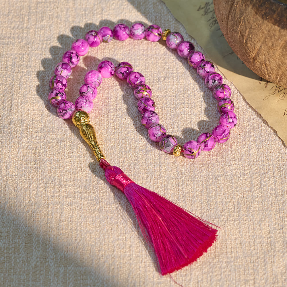 HilaHilalHaven 10mm Round Crackled Glass 33 Beads Tasbih – Handmade Tassel Islamic Prayer Beads - Pink - image 0
