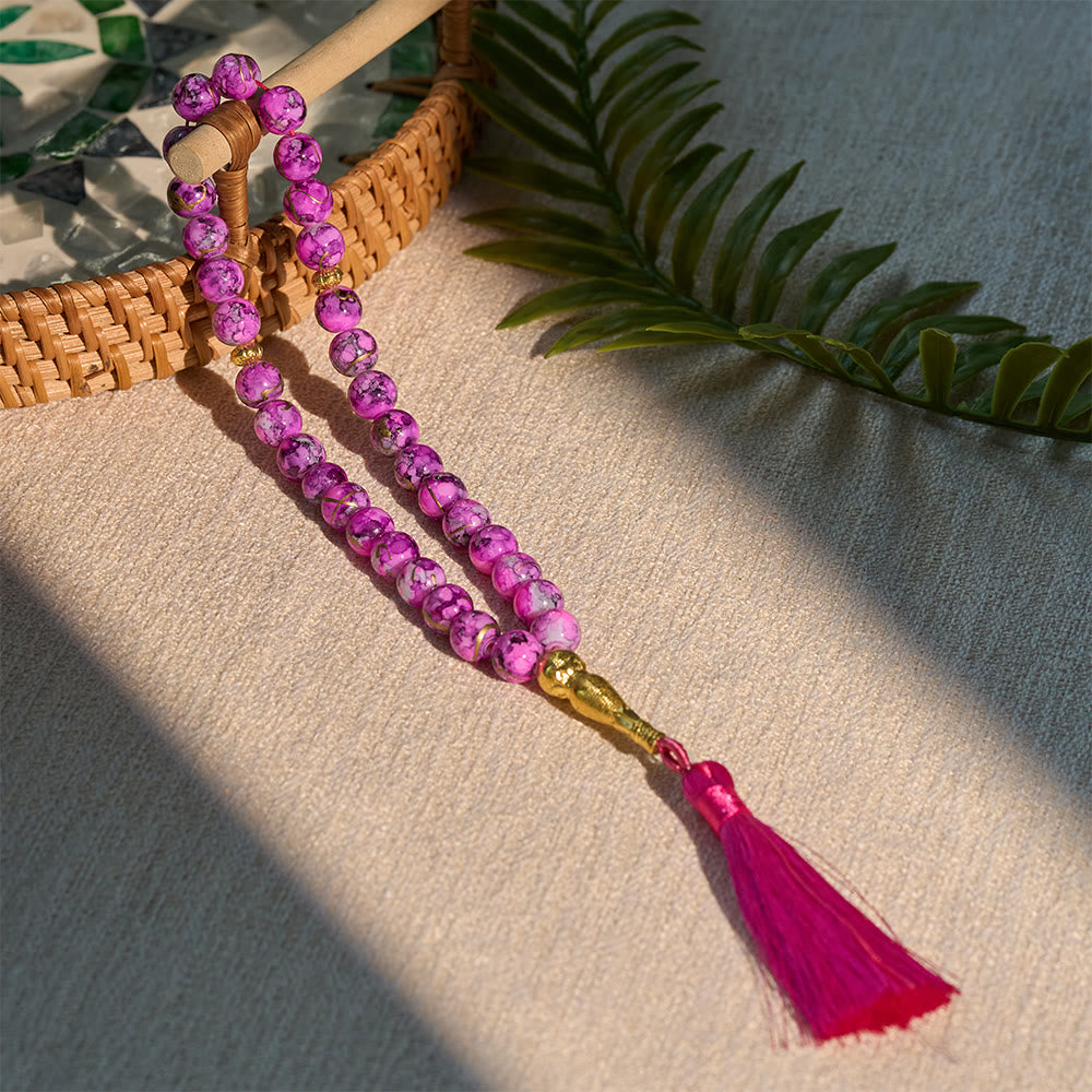 HilaHilalHaven 10mm Round Crackled Glass 33 Beads Tasbih – Handmade Tassel Islamic Prayer Beads - image 1