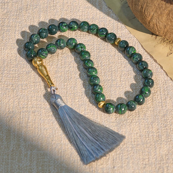 HilaHilalHaven 10mm Round Crackled Glass 33 Beads Tasbih – Handmade Tassel Islamic Prayer Beads - Sage Green - image 4