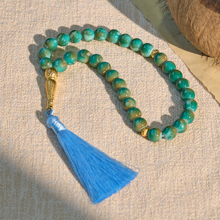 HilaHilalHaven 10mm Round Crackled Glass 33 Beads Tasbih – Handmade Tassel Islamic Prayer Beads - Sky Blue - image 7