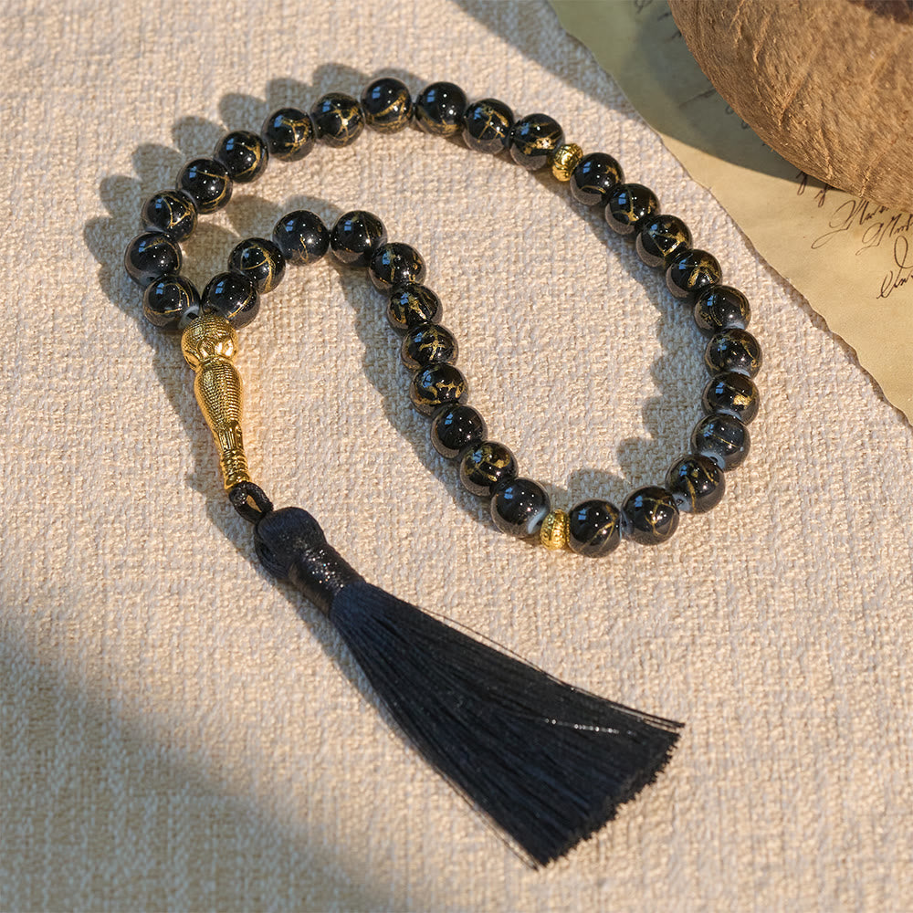 HilaHilalHaven 10mm Round Crackled Glass 33 Beads Tasbih – Handmade Tassel Islamic Prayer Beads - Black - image 11