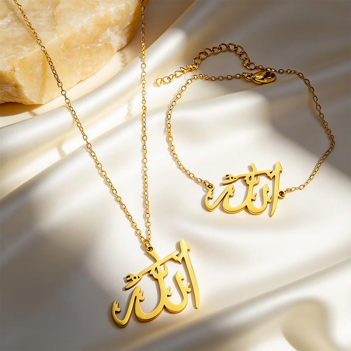 FREE Today: Faithful Presence Allah Word Necklace&amp;Bracelet Set— Polished Stainless Steel - Golden - image 0