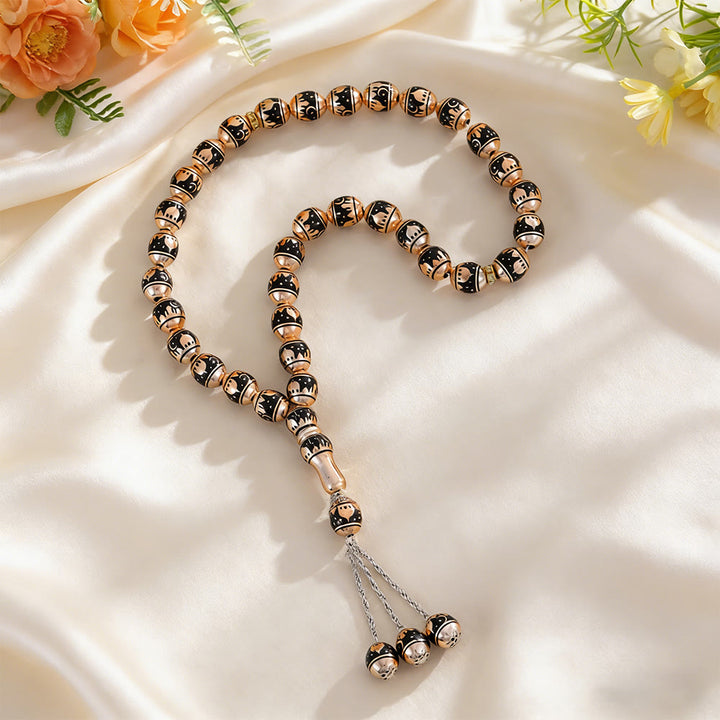 HilalHaven 33 Beads Minimalist Enamel Tasbih——Round Shape Moon Pattern Grounding Tasbih for Daily Mindfulness - Black Beads - image 4