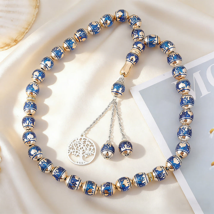 HilalHaven 33 Beads Minimalist Enamel Tasbih——Round Shape Moon Pattern Grounding Tasbih for Daily Mindfulness - Dark Blue - image 7
