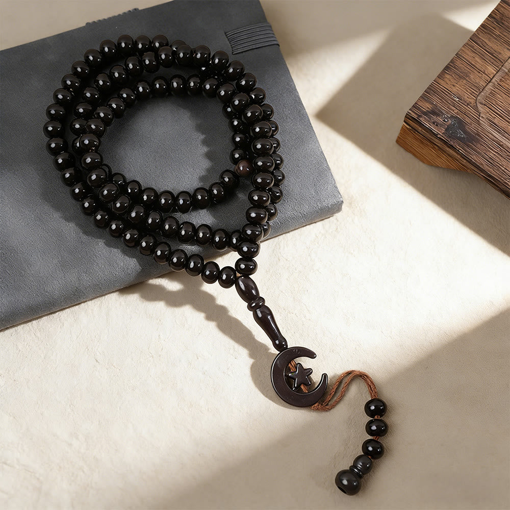 HillHaven 99 Beads Multicolor Round Acrylic Tasbih: Moon &amp; Star Charm Prayer Beads - Gunmetal Black - image 1