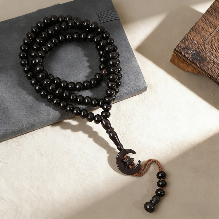 HillHaven 99 Beads Multicolor Round Acrylic Tasbih: Moon &amp; Star Charm Prayer Beads - Gunmetal Black - image 1