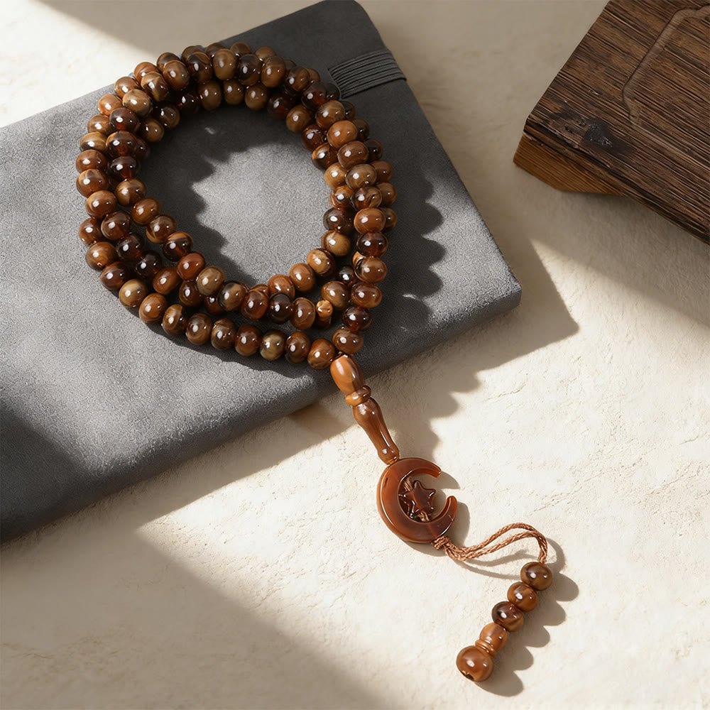 HillHaven 99 Beads Multicolor Round Acrylic Tasbih: Moon &amp; Star Charm Prayer Beads - Amber Brown - image 4