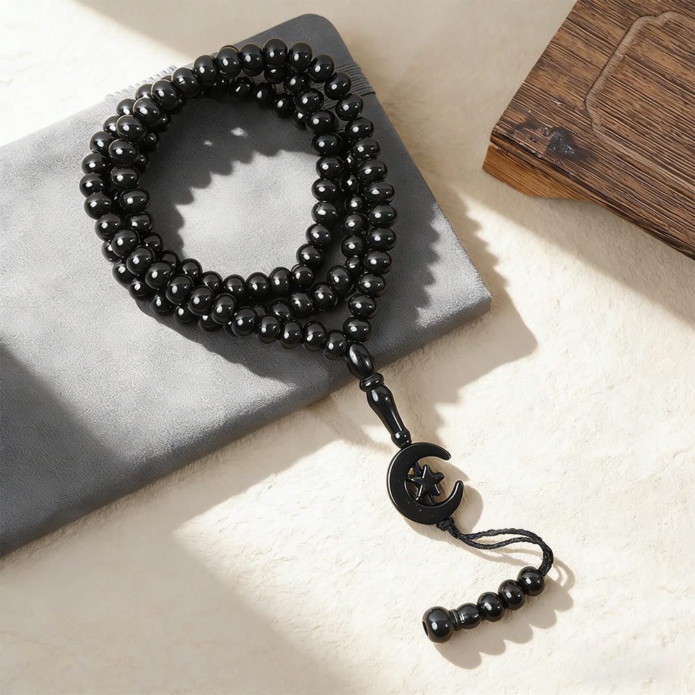 HillHaven 99 Beads Multicolor Round Acrylic Tasbih: Moon &amp; Star Charm Prayer Beads - Black - image 2