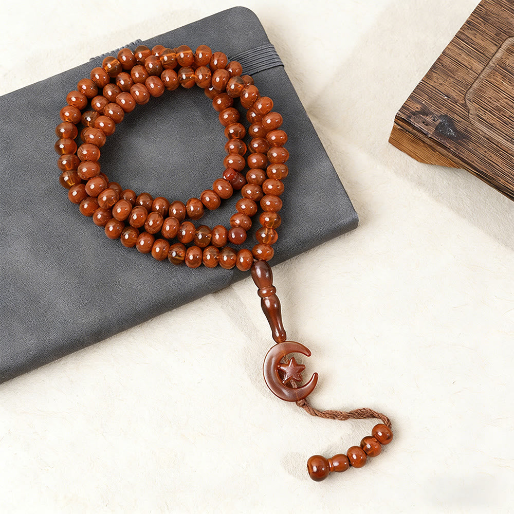 HillHaven 99 Beads Multicolor Round Acrylic Tasbih: Moon &amp; Star Charm Prayer Beads - Deep Khaki - image 3