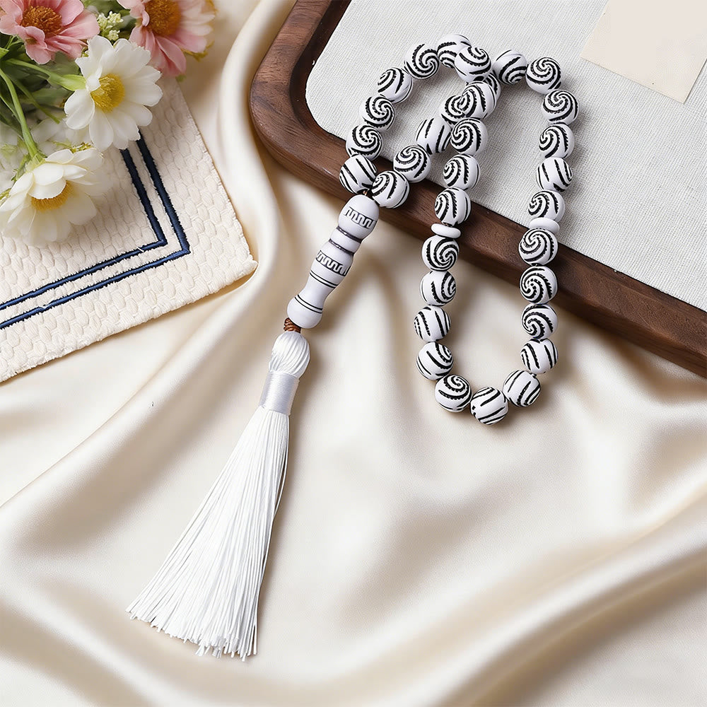 HilalHaven 33 Beads Carved Swirl Acrylic Prayer Beads——Tassel Accent Grounding Tasbih - White - image 0