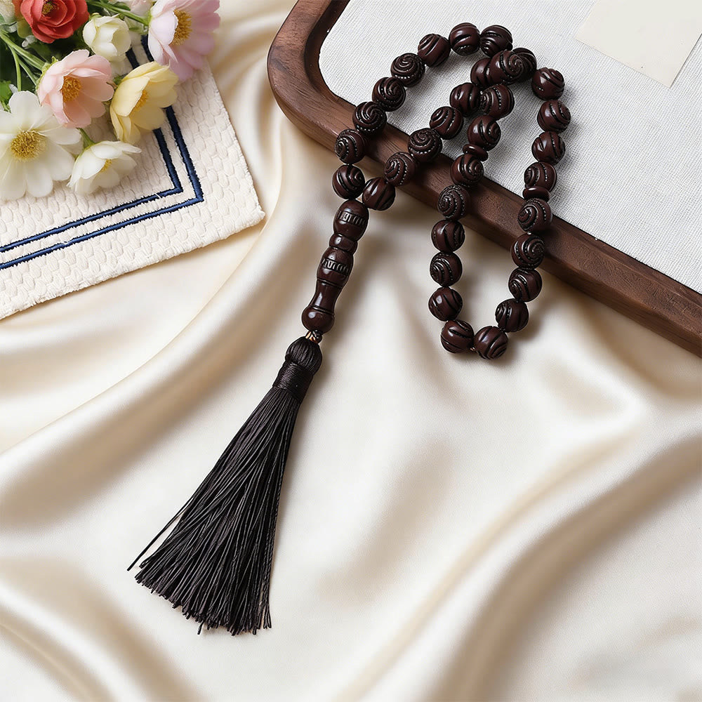 HilalHaven 33 Beads Carved Swirl Acrylic Prayer Beads——Tassel Accent Grounding Tasbih - Dark Coffee - image 1