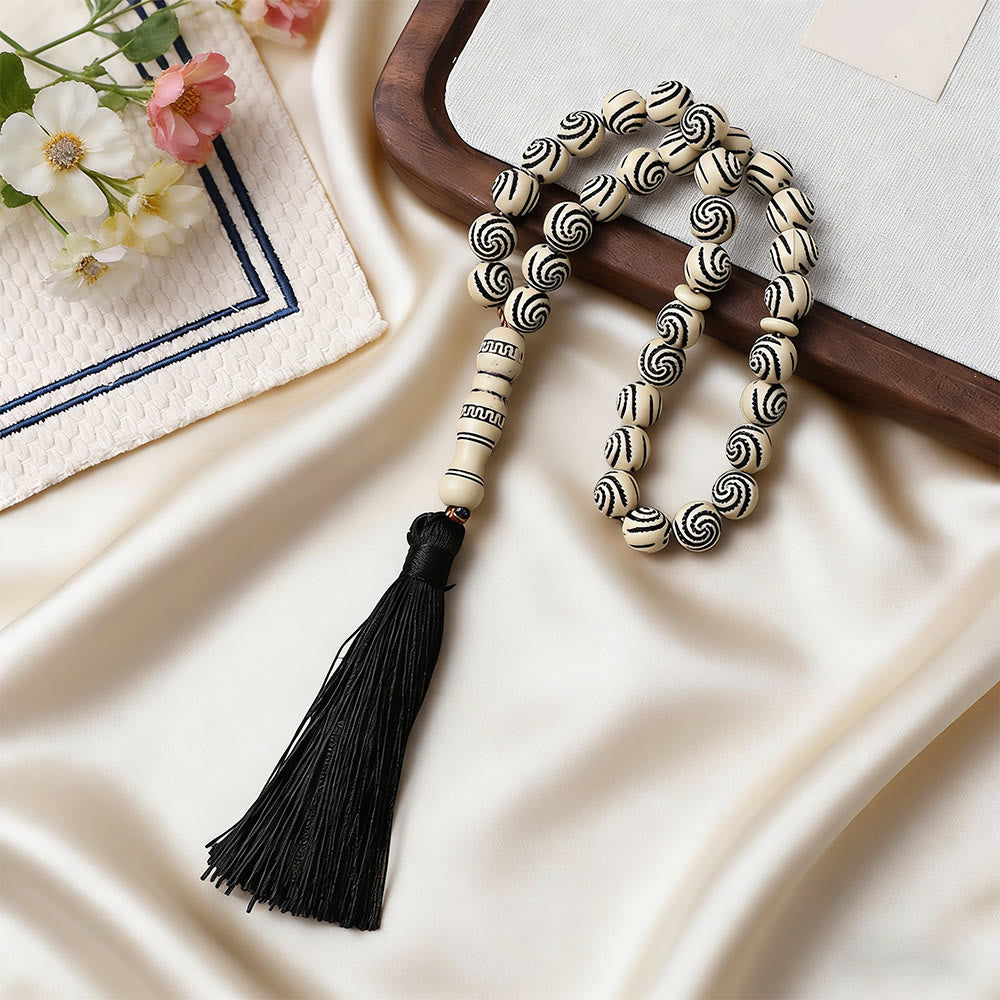 HilalHaven 33 Beads Carved Swirl Acrylic Prayer Beads——Tassel Accent Grounding Tasbih - Beige - image 3