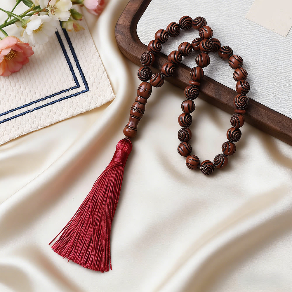 HilalHaven 33 Beads Carved Swirl Acrylic Prayer Beads——Tassel Accent Grounding Tasbih - Light Coffee - image 2