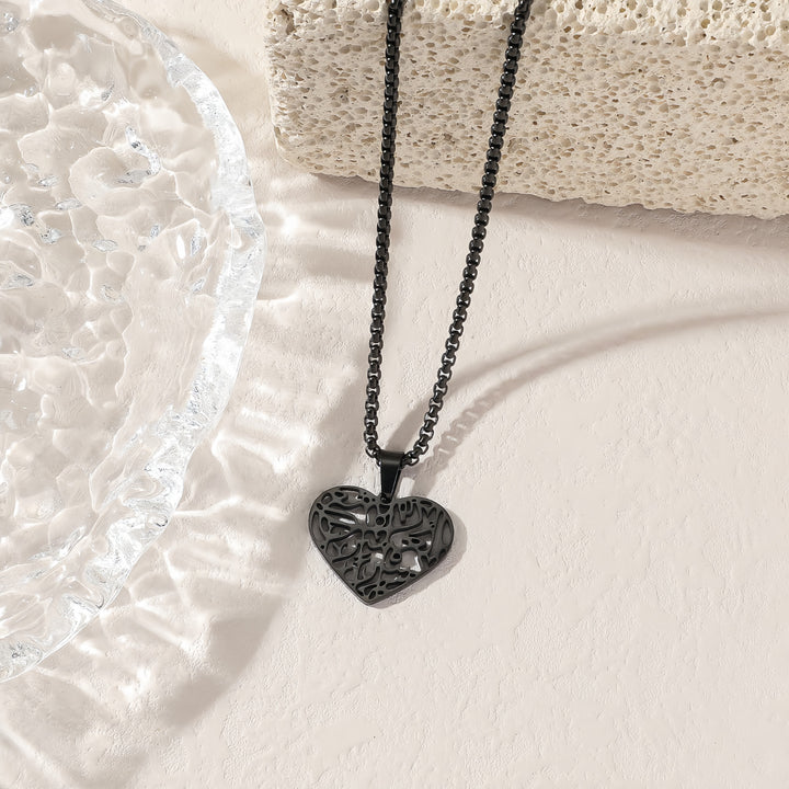 HilalHaven Elegant Stainless Engraved Heart Pendant Steel Necklace —— Jewelry for Men &amp; Women - Black - image 6
