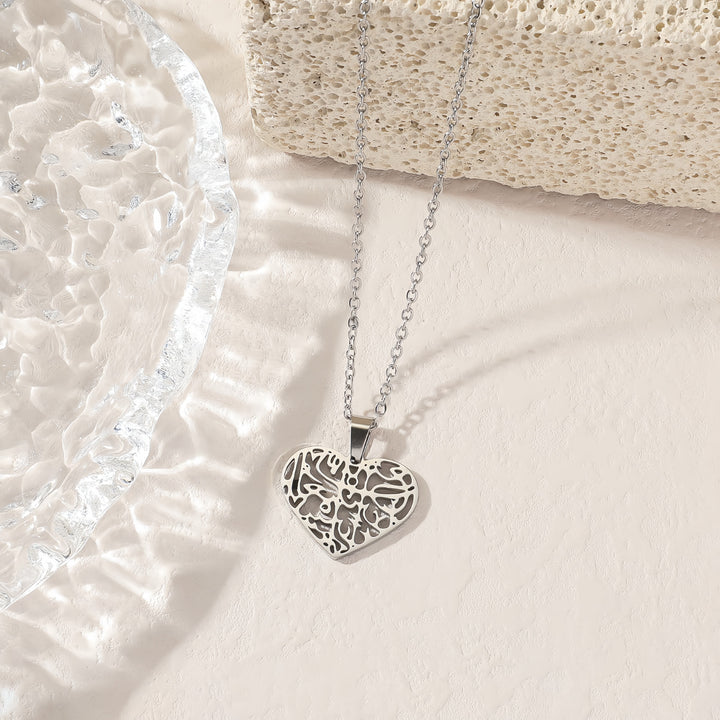 HilalHaven With Hardship Comes Ease Heart-Shaped Openwork Necklace — Polished Titanium Steel - Silver - image 4