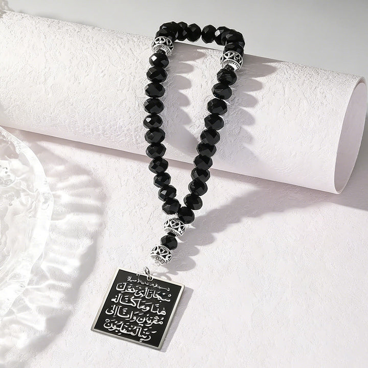 HilalHaven Round &amp; Faceted with Stain Steel Square Pendant Tasbih——Jewelry for Ramadan &amp; Daily Worship - Natural Silver Sheen Obsidian Beads - image 3