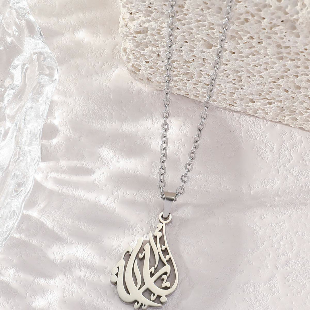 HilalHaven Teardrop Pendant Necklace —— Stainless Steel Calligraphy Jewelry - Silver - image 0