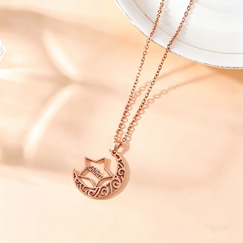 HilalHaven Moon & Star Script Pendant Necklace —— Titanium Steel Calligraphy Jewelry - Rose Golden - image 0