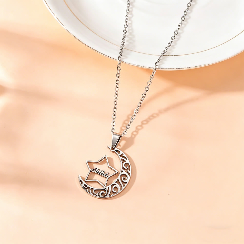 HilalHaven Moon & Star Script Pendant Necklace —— Titanium Steel Calligraphy Jewelry - Silver - image 1
