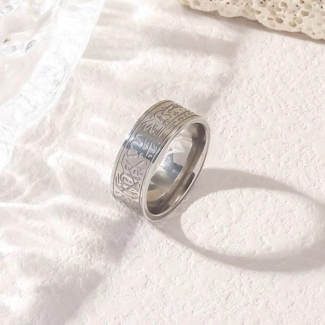 HilalHaven Vintage Script Spinner Ring —— Artistic Titanium Steel Jewelry - Silver Ring with Silver Lettering - US11 - image 3