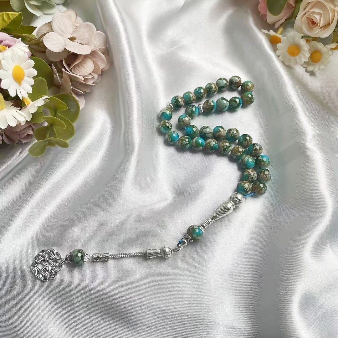 HilalHaven 10mm Round Glass 33 Beads Tasbih — Handcrafted Cultural Prayer Beads with Knot - Green Beeds With Gray Patterns - image 5