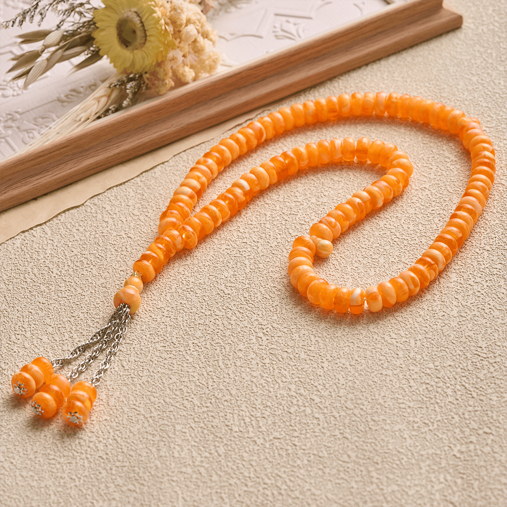 HilalHaven Stone-Effect Acrylic Meditation 99 Beads Tasbih - Orange - image 20