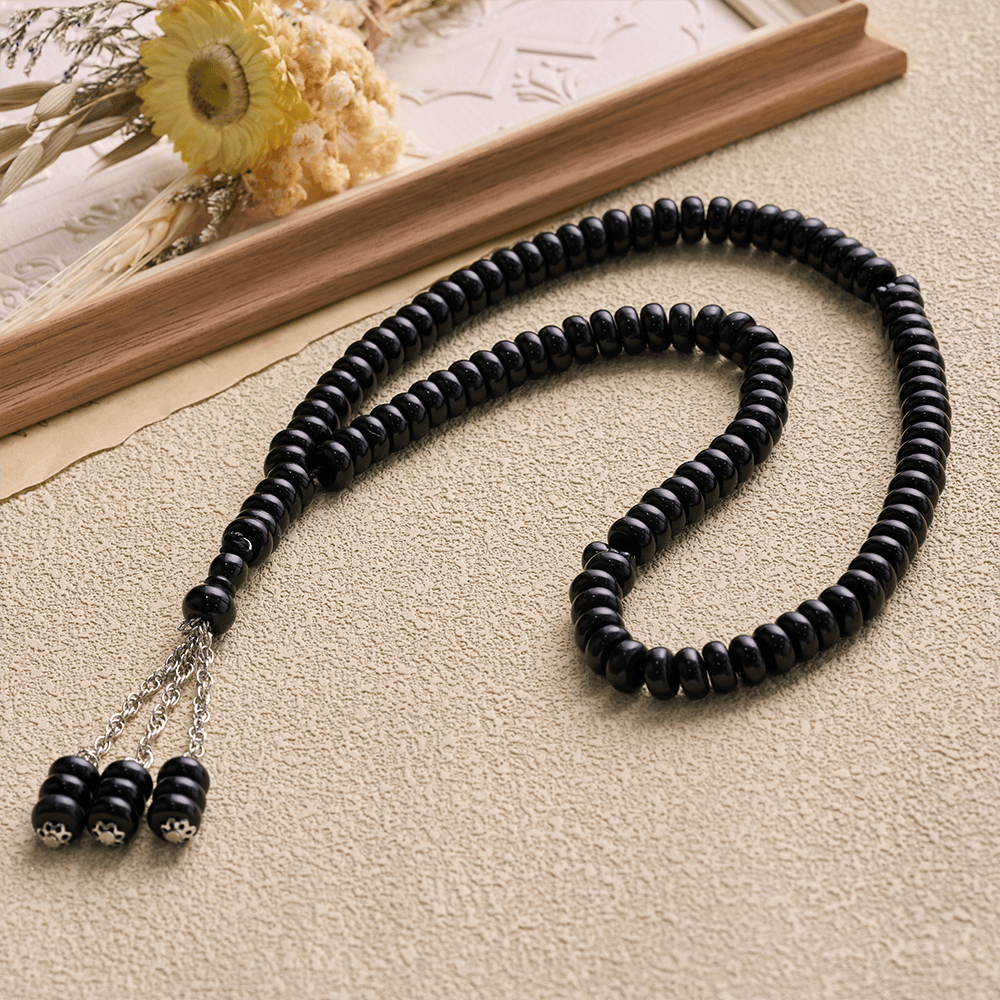 HilalHaven Stone-Effect Acrylic Meditation 99 Beads Tasbih - Black - image 10